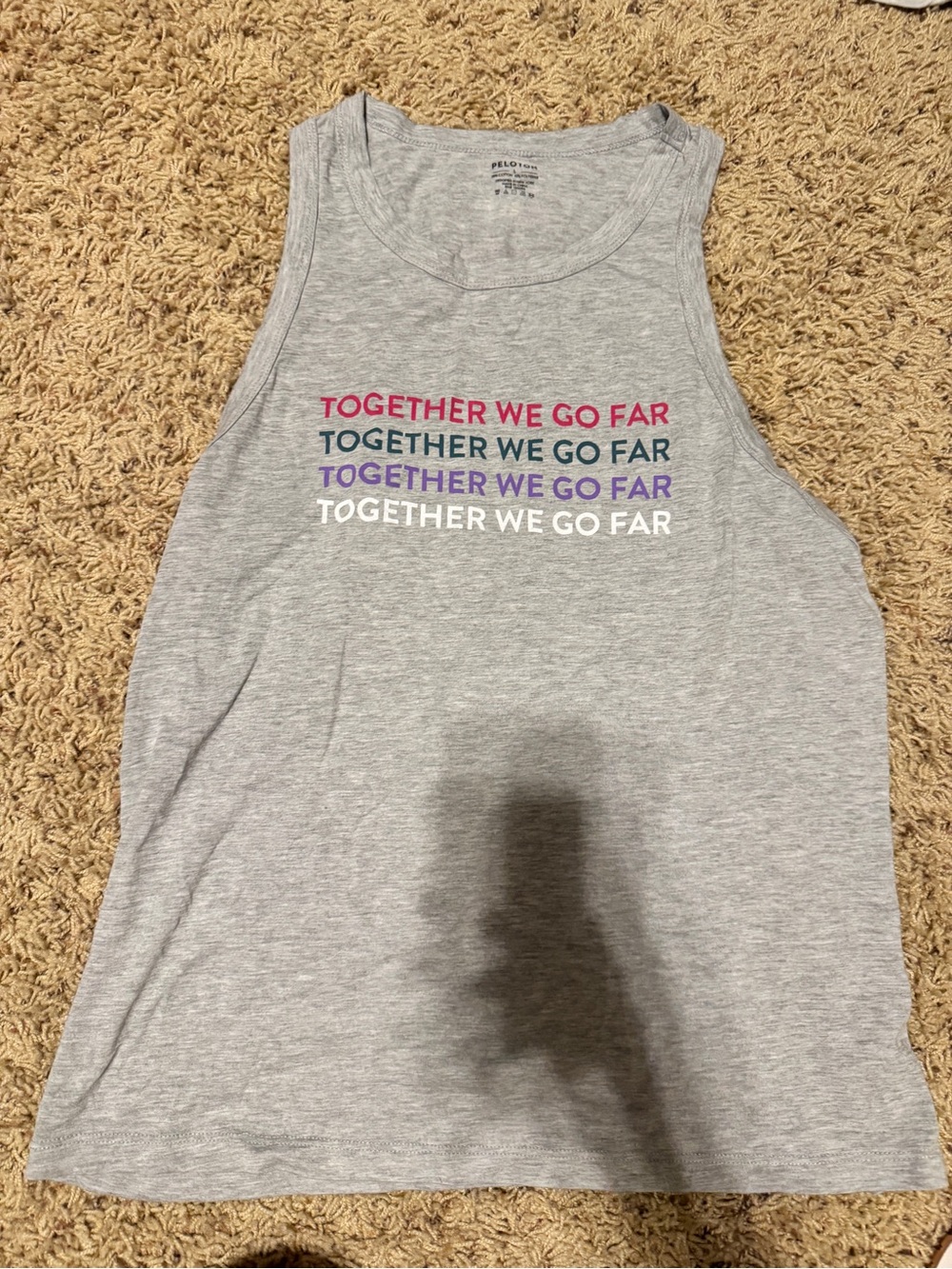 Peloton Gray Tank Top with Pink, Green, Purple & White Text